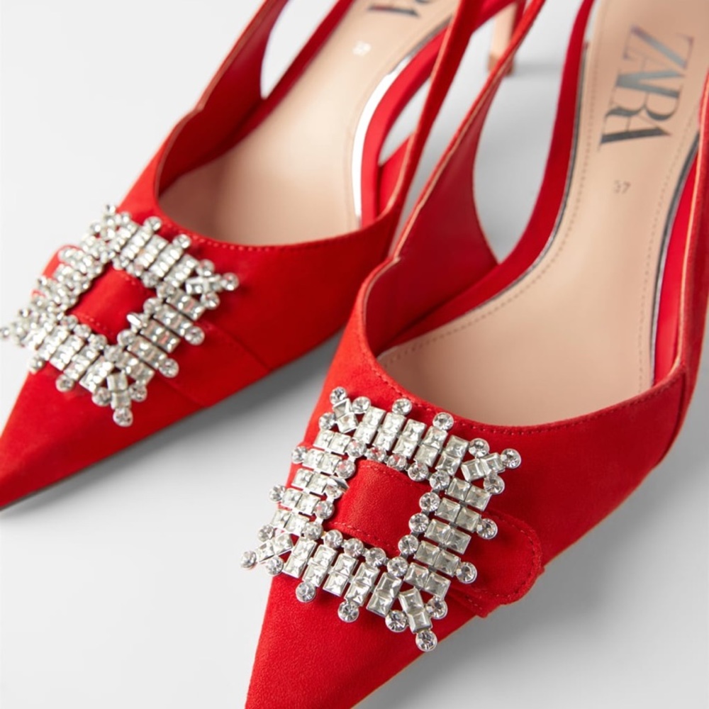 Red slingback leather Heels with Brooch